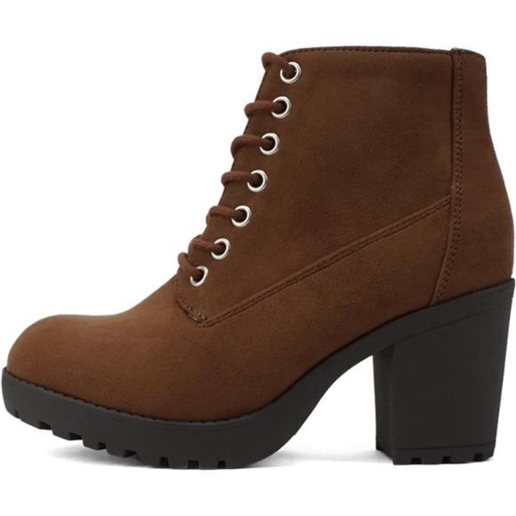 Women's Second Lug Sole Chunky Heel Combat Ankle Bootie Lace up w/Side Zipper